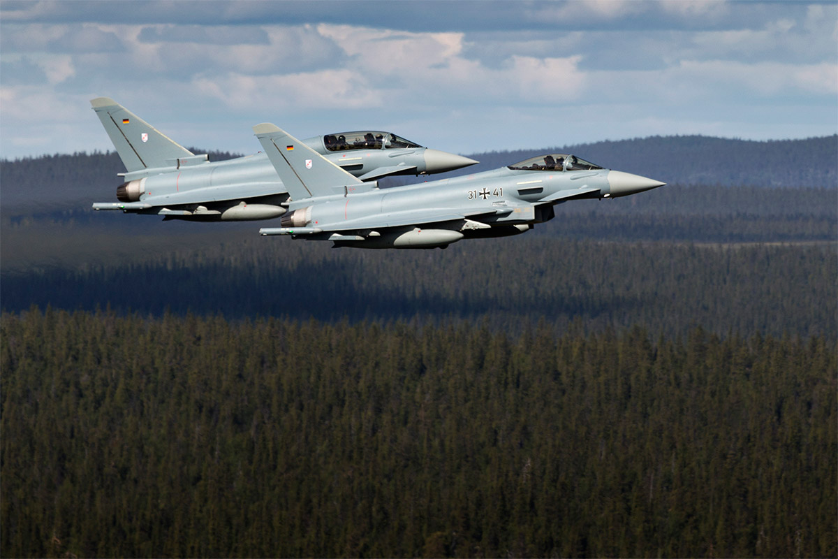 Two Eurofighter aircrafts flying over Vidsel Test Range