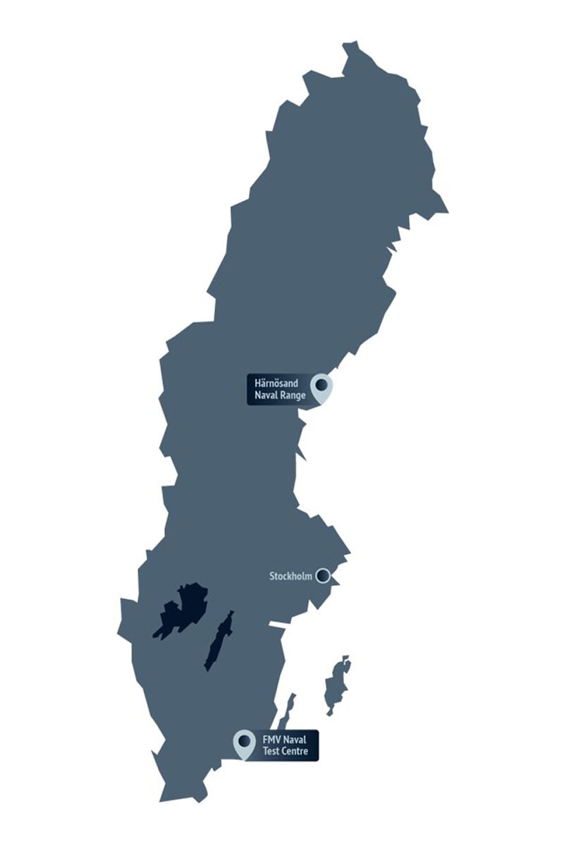 Map of Sweden showing where FMV Naval Test Ranges and Härnösand Naval Range are located