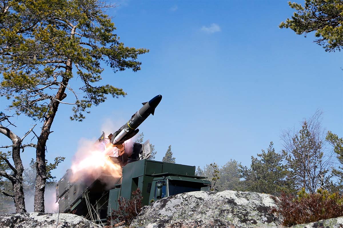 Live firing of coastal anti-ship missile RBS 15 from ground